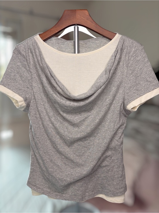 Current/Elliott Tops - Current/Elliott Gray Short Sleeve Draped Back Top with Cream Layering